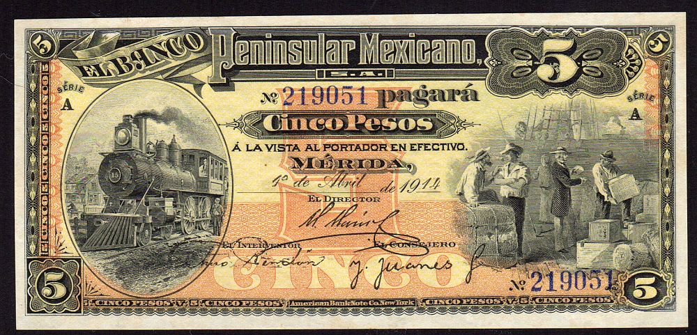 P-S465a, 1914 Banco Peninsula Mexicano 5 Pesos, GemCU